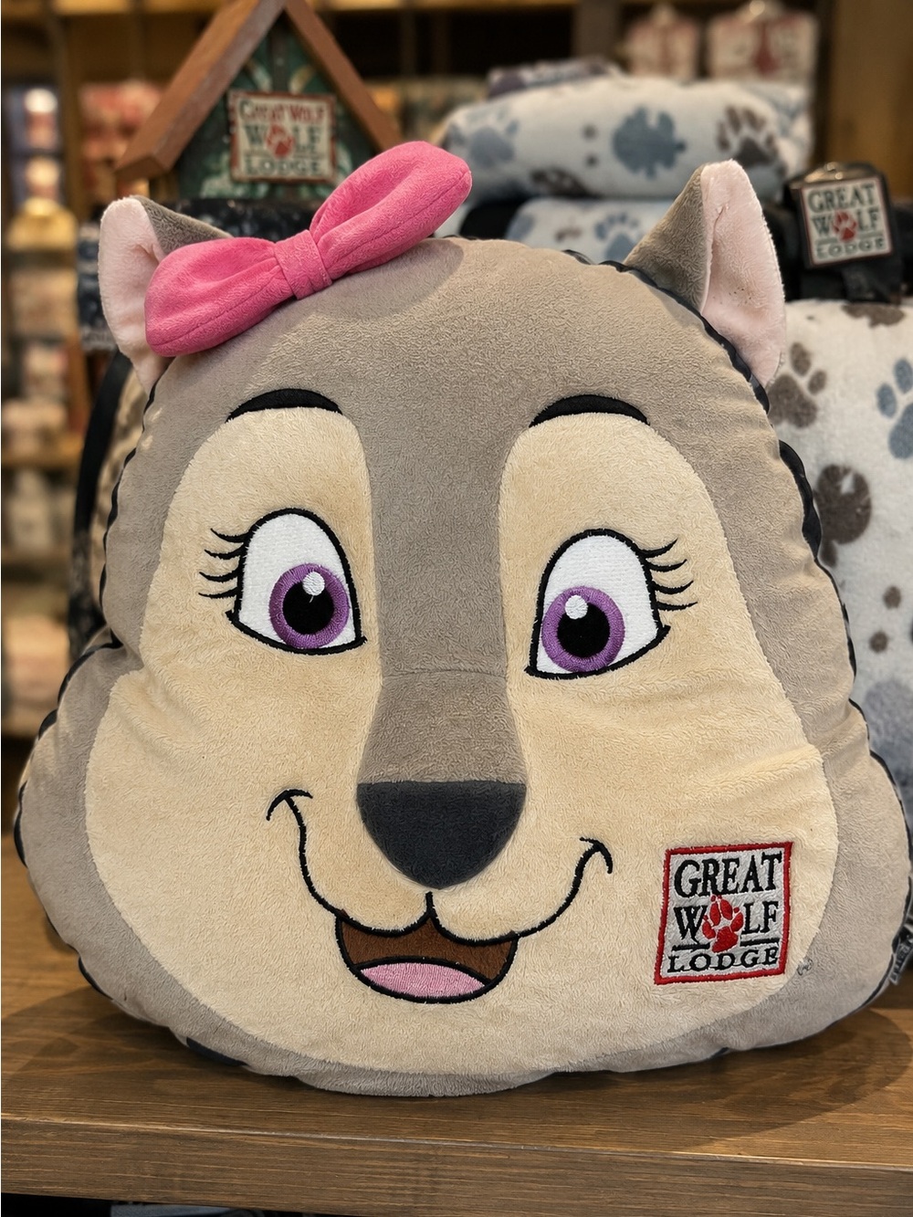 Great Wolf Lodge Violet The Wolf Plush Throw Pillow Cushion Pink Bow